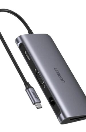 Ugreen 9 in 1 USB C Multifunctional converter, Gray - 3*USB 3.0 A Female, 1*HDMI 4K, 1*VGA , 1*RJ45