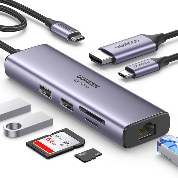 UGREEN USB C Hub with Ethernet Port, 7-in-1 Multiport Adapter, 4K@60Hz HDMI to USB C, 100W PD, 60515