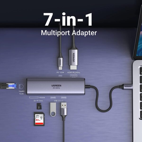 UGREEN USB C Hub with Ethernet Port, 7-in-1 Multiport Adapter, 4K@60Hz HDMI to USB C, 100W PD, 60515 - Image 3