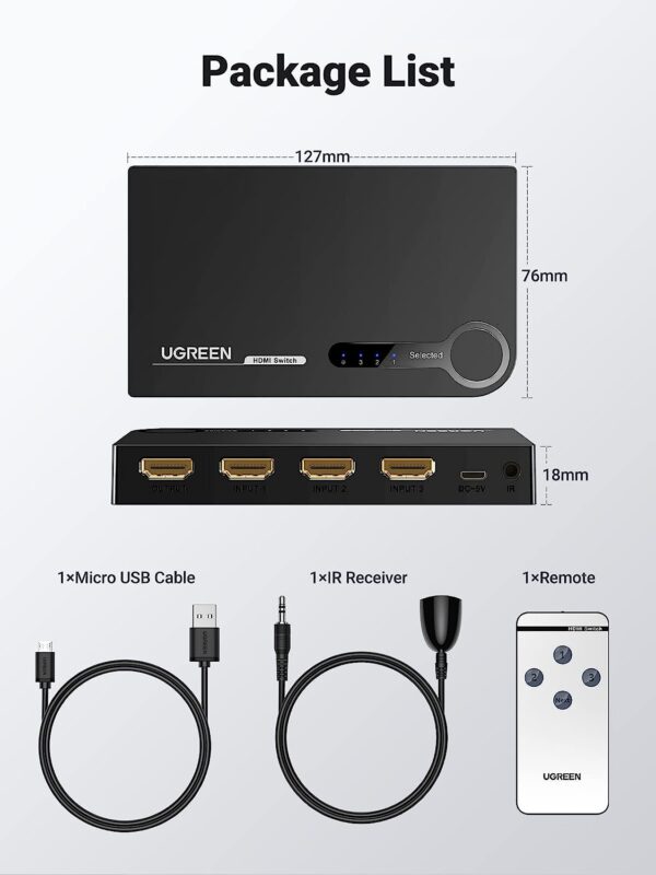 Ugreen 4K HDMI Switch, 3 In 1 Out HDMI Switcher Splitter Box with IR Remote Control Support 4k@30Hz - Image 5