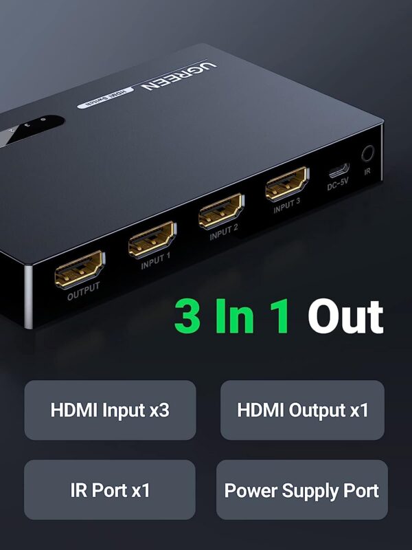 Ugreen 4K HDMI Switch, 3 In 1 Out HDMI Switcher Splitter Box with IR Remote Control Support 4k@30Hz - Image 7